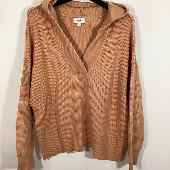 Aerie Cozy Up Waffle Knit Hooded Sweater Small Peach Thermal Oversized V Neck - Picture 10 of 10